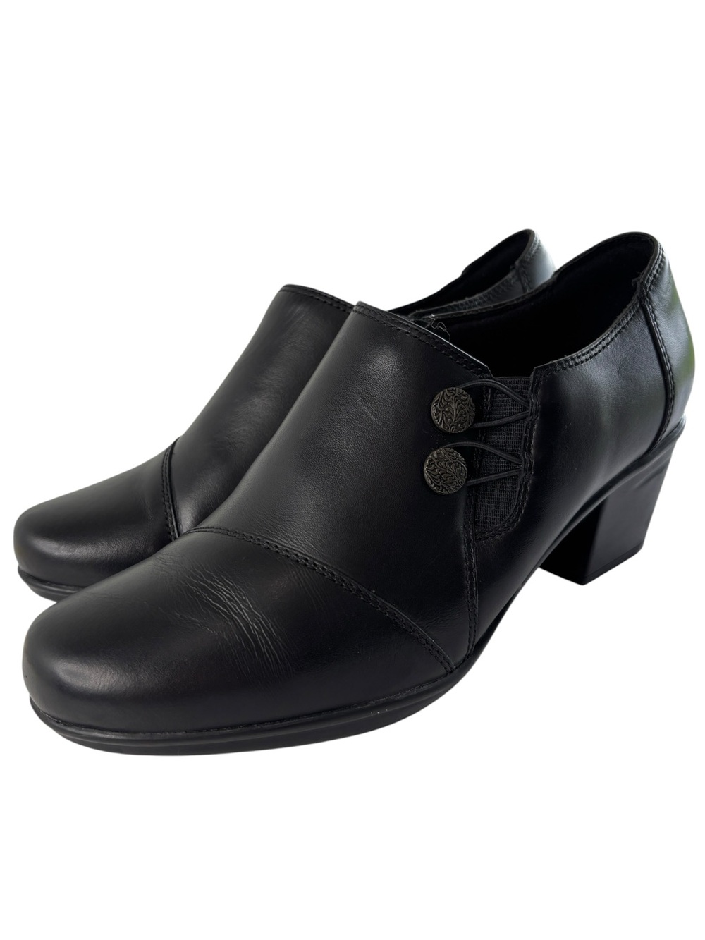 CLARKS EMSLIE WARREN BOOTIES Shoe Sz 8.5 W Shooties Heel Slip-on Black Leather